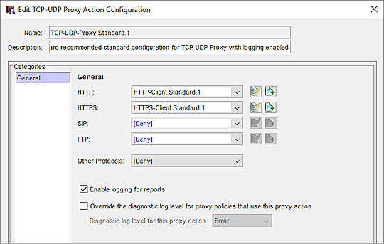 Captura de pantalla de la configuración de acción de proxy TCP-UDP